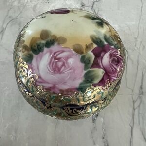 Vintage Porcelain Hand Painted Floral Lidded Trinket Dish Powder Jewelry Jar .